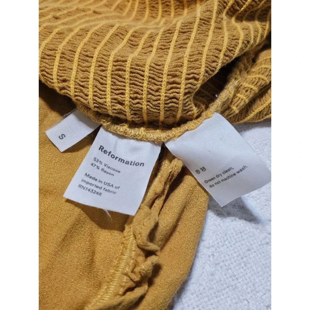 Reformation Mustard Yellow Smocked Crop Top Blouse Square Neck Long Sleeve Sz S